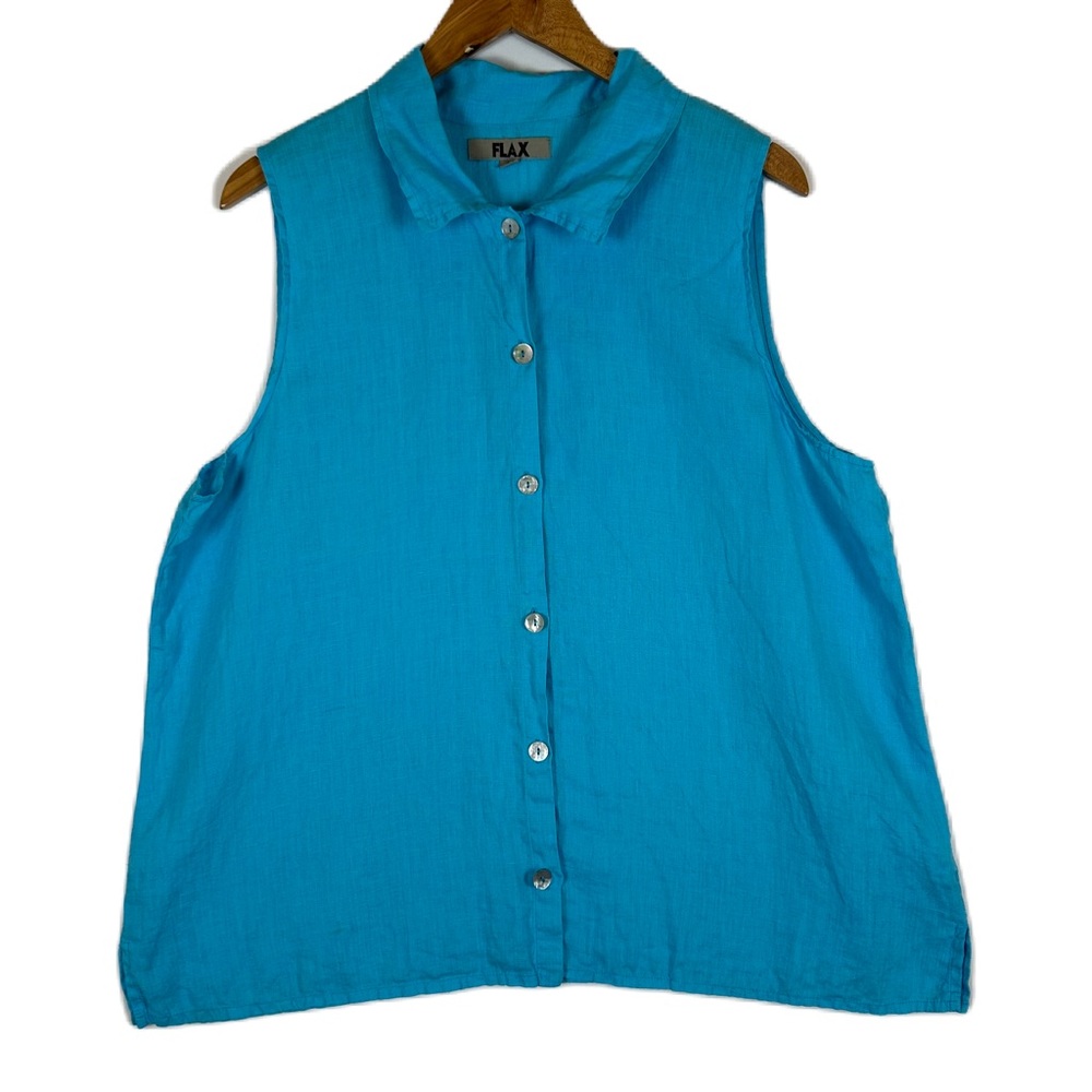 Flax Women's Blue Linen Collared Button Front Sleeveless Tank Top Large